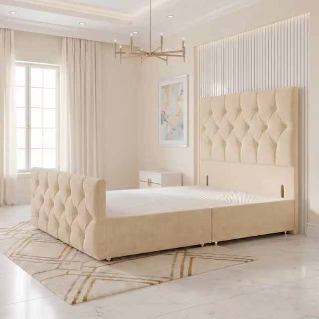 Somnior Beds Ltd Chesterfield Single Divan Bed Base with Upholstered Floor Standing Headboard and Footboard in Beige Linen