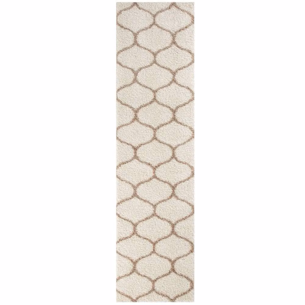 THE RUGS Soft Trellis Moroccan Shaggy Rug in Ivory and Beige, W: 80 cm, L: 300 cm – 4