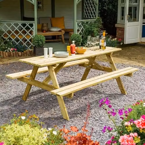 Rowlinson Traditional 8 Seater Outdoor Picnic Table in Brown, W180 x D120 x H71 cm
