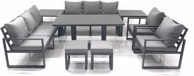 Fimous Garden Sofa Set with Height Adjustable Dining Table, 2 Chairs, 2 Footstools and 2 Side Tables in Anthracite Grey Powder Coated Aluminium – 1