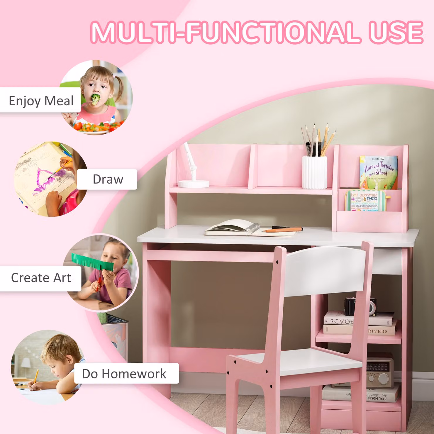 ZONEKIZ Pink Two-Piece Kids Desk and Chair Set with Storage for Ages 6-10 Years – 2