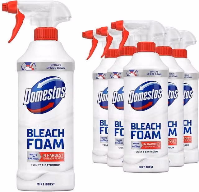 Domestos Mint Boost Bleach Foam Spray Toilet and Bathroom Cleaner, 450ml, 6 Pack, White