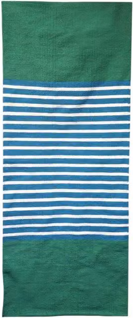 Four Candle Green and Blue Striped Indian Cotton Woven Rug, W: 170 cm, D: 70 cm