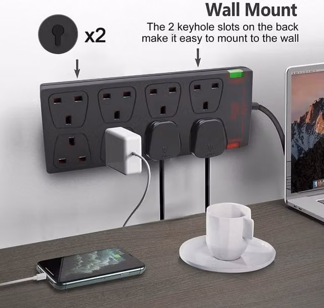 Livingandhome 8 Way Socket with Cable, Power Indicator and Child-Resistant Sockets, Black