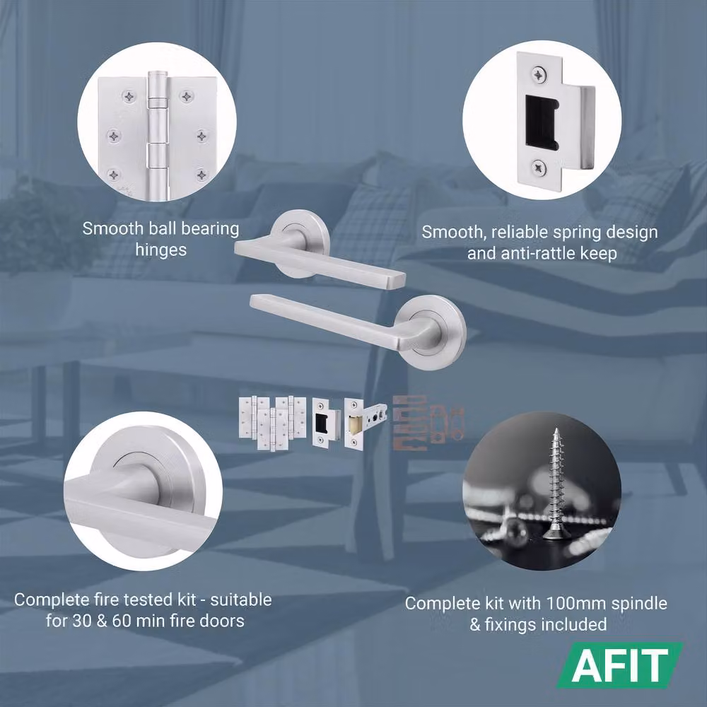 AFIT Satin Chrome Fire Door Handle Latch Set with Silver Aluminium Hinges, W/D/H: 15 x 15 cm – 2
