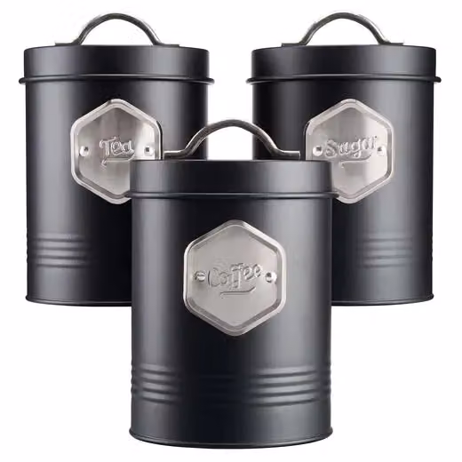 Cooks Professional 3-Piece Tea, Coffee and Sugar Airtight Canister Set in Black and Silver – 2