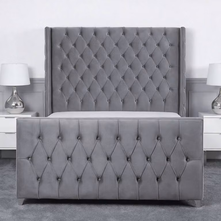 Living Comfort Bedz Seraphina King Size Plush Velvet Upholstered Bed with Slatted Base in Grey, W/D/H: 180 x 200 cm