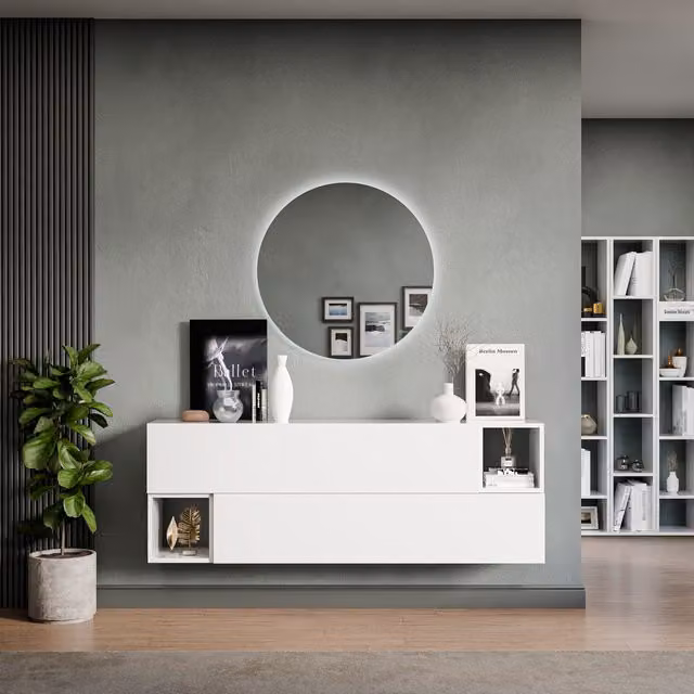 Decorotika Namur Wall Mounted Minimalist Entertainment Center in High Gloss White with LED Lighting