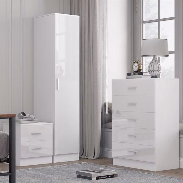 Reflect Modern Bedroom Furniture Set in White Gloss and Matt White Finish featuring 1 Door Wardrobe, 5 Drawer Chest and 2 Drawer Bedside Table – 1