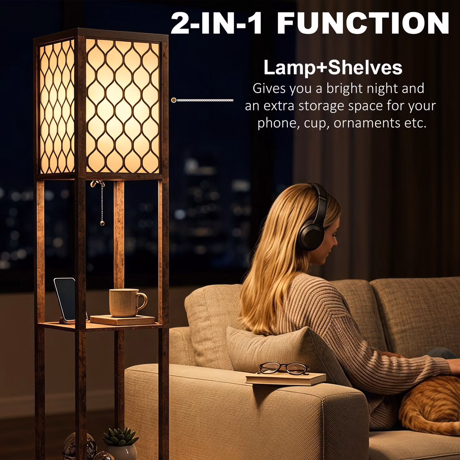 HOMCOM Modern Tall Floor Lamp with Shelves and Fabric Lampshades in Rustic Brown – 4