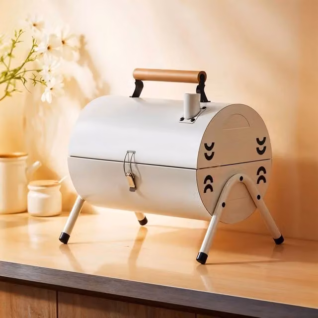 VOGREX Cream Foldable Double Sided Barrel Charcoal Tabletop BBQ Grill – 1