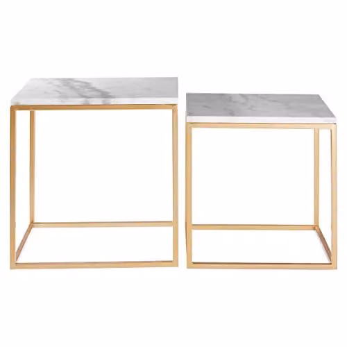 Premier Housewares Set of 2 Square Marble Top Side Tables with Gold Metal Frames, W/D/H: 50 x 50 x 46 cm