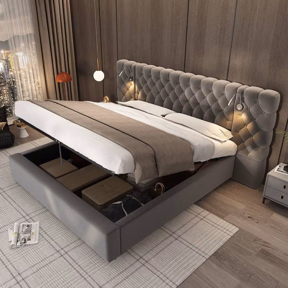 Matteo King Size Velvet Upholstered Bed with Hydraulic Storage and Integrated Reading Light in Grey, W/D/H: 180 x 200 cm – 4