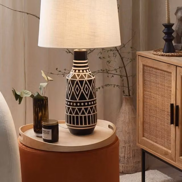 Wyld and Coco Ethnic Table Lamp with Black Ceramic Base and White Fabric Shade, Height: 68 cm