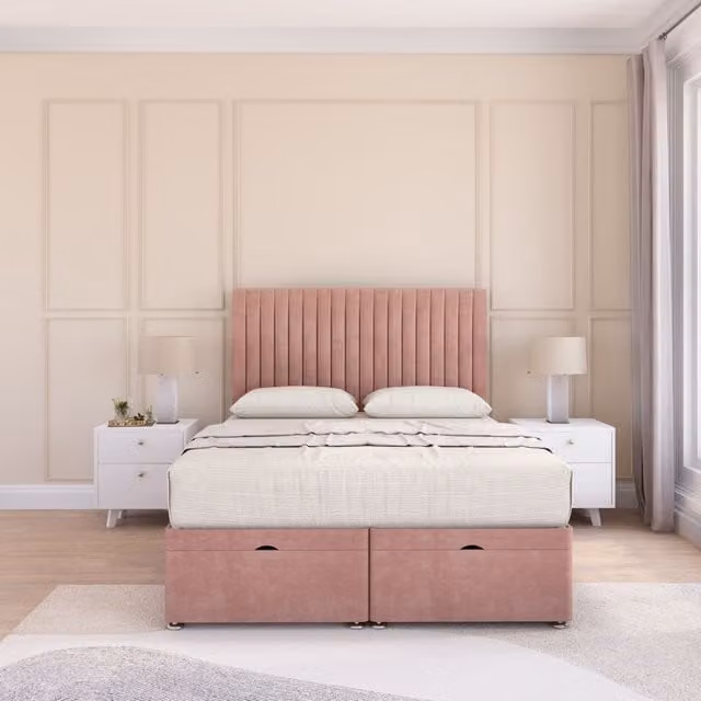 Sloomy Manhattan Pink Plush Fabric Ottoman Bed with 26 Inch Headboard and Hybrid Memory Mattress, Single, W/D/H: 90 x 190 cm