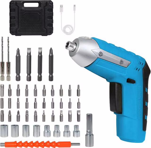 Traderight 47-Piece Cordless Screwdriver Set with 1300mAh Rechargeable Battery and 3.0Nm Torque in Blue