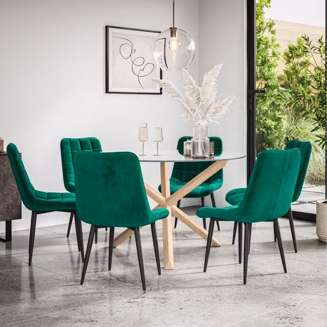 More4Homes Malvern Round Glass Dining Table with 6 Green Nova Velvet Chairs and Oak Legs, Diameter: 120 cm, Height: 75 cm