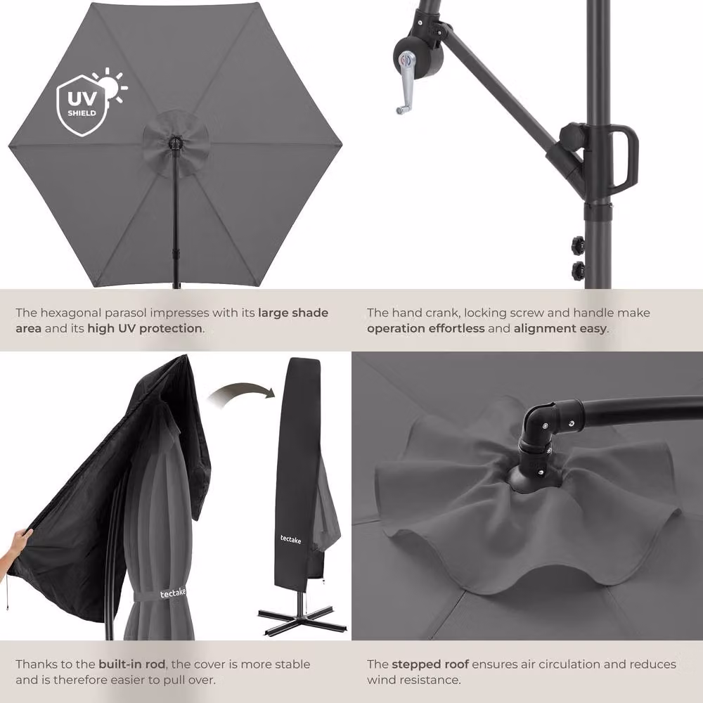 tectake Grey Cantilever Parasol with 360 Degree Rotation and Tilting Function, W/D/H: 300 x 300 x 300 cm – 4