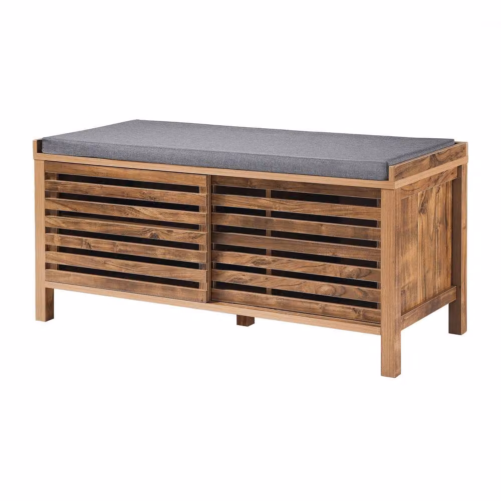 CALICOSY LIAM Shoe Bench with 2 Sliding Doors and Openwork Slats, Brown, W: 112 cm, D: 43.5 cm, H: 51 cm – 3