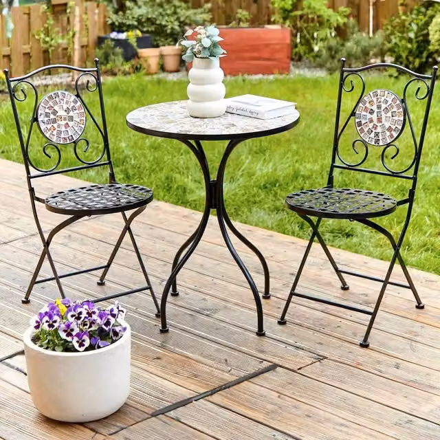 Wyld Haus Set of 2 Black Powder Coated Steel Folding Garden Chairs with Multicolour Geometric Mosaic Backrests