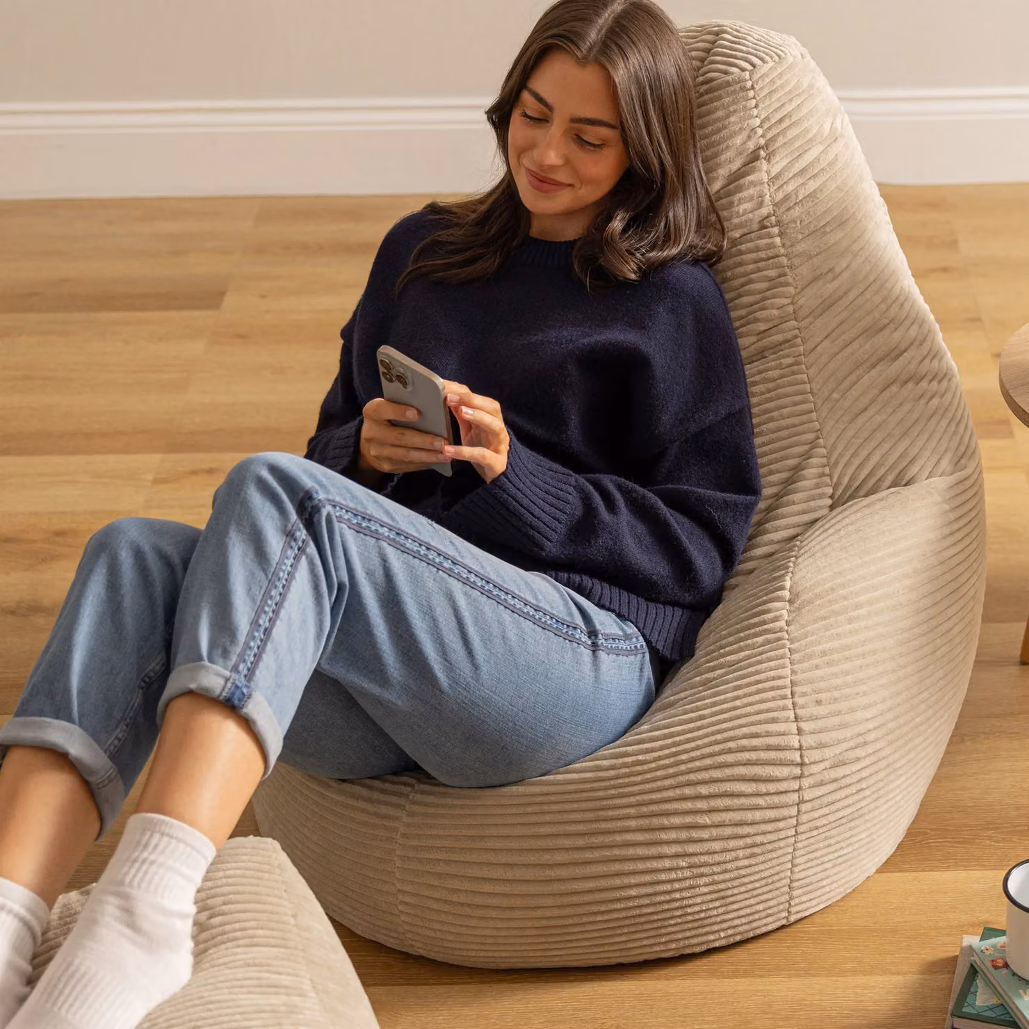 icon Dalton Corduroy Bean Bag and Footstool Set in Beige – 3