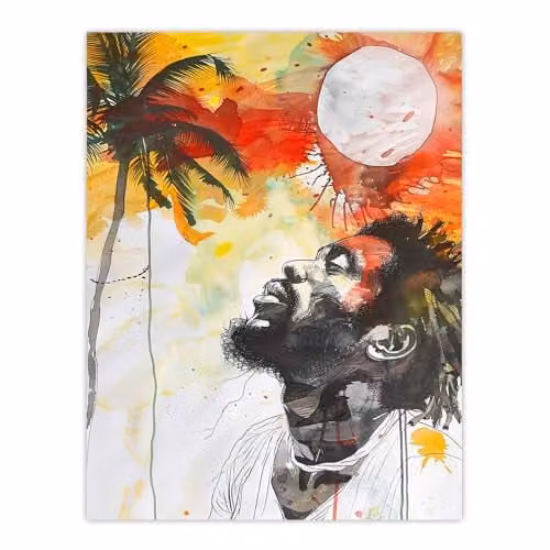 Artery8 Jamaican Man Portrait Sunset Palm Tree Rastafari Large Wall Art Poster Print on Thick Paper, 18 x 24 Inch – 1