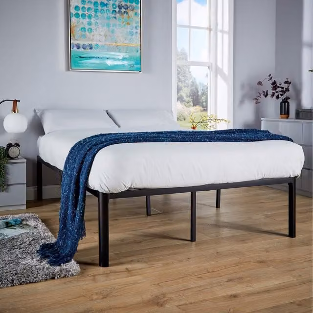 Home Source Podium Black Metal Platform Bed Frame - Black, W: 140 cm, D: 200 cm