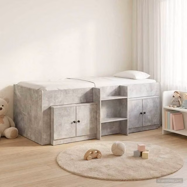 Berkfield Home Loft Bed Frame with Cabinet in Concrete Grey Engineered Wood