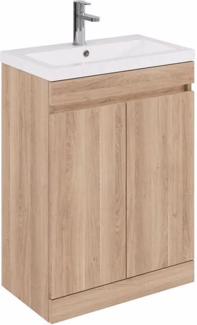 Balterley 600mm Floor Standing 2 Door Bathroom Unit with Polymarble Basin, Light Oak in Brown, W/D/H: 60 x 60 x 80 cm – 1