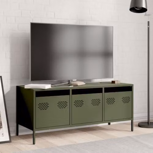 vidaXL Industrial Style TV Cabinet in Olive Green Matt Metal, W: 101.5 cm, H: 43.5 cm, D: 39.0 cm – 2