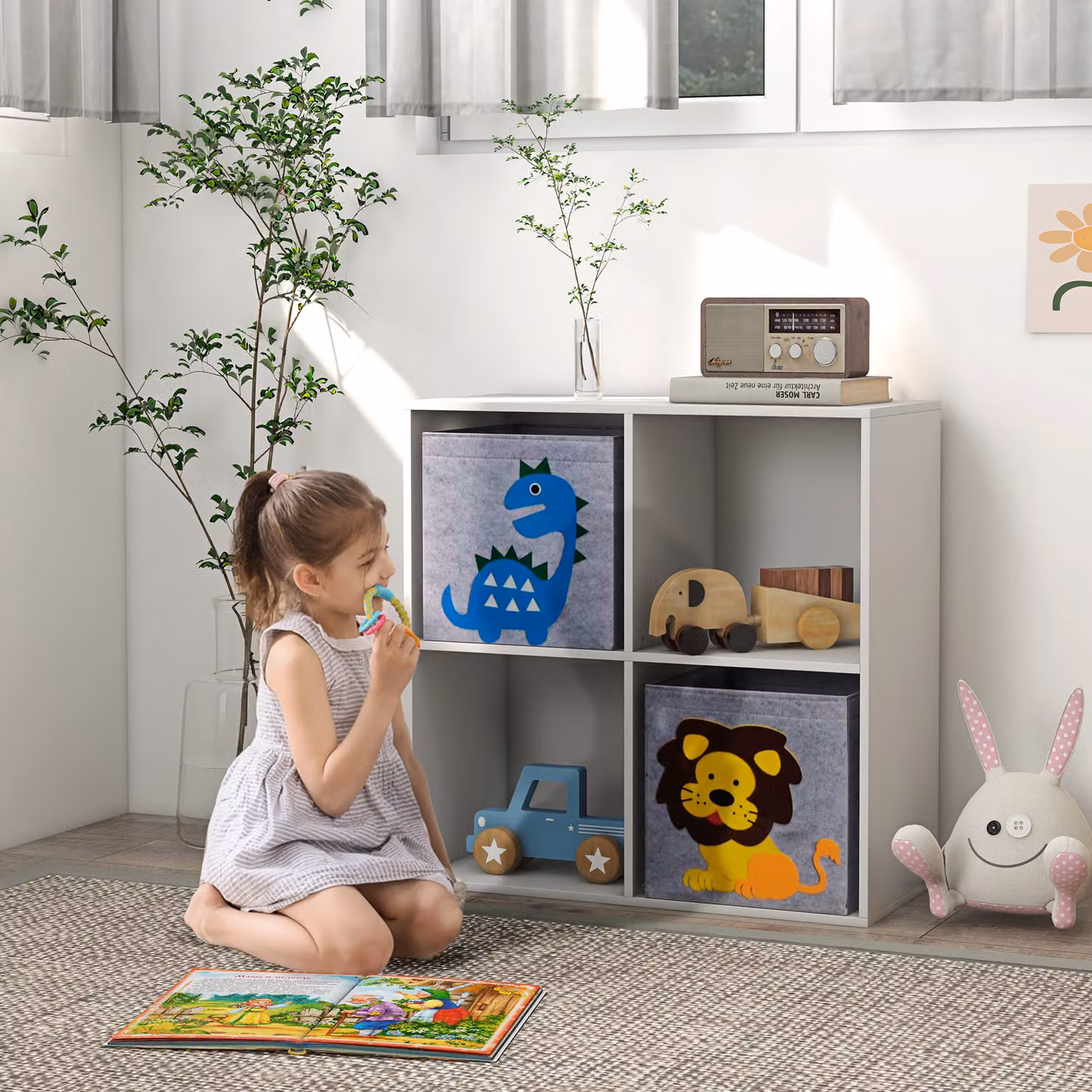 ZONEKIZ Toy Storage Box for Children with Dual Non-Woven Fabric Bins, White, W: 61.8 cm, D: 29.9 cm, H: 61.8 cm – 2