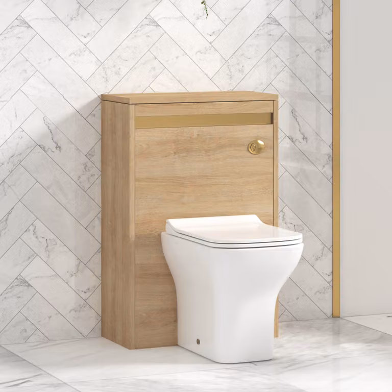 Royal Bathrooms Orion Natural Oak Wall Mounted WC Unit with Qubix Rimless Ceramic Toilet Pan, Slim Soft Close Seat and Cistern, Width: 54 cm, Brushed Brass Trim