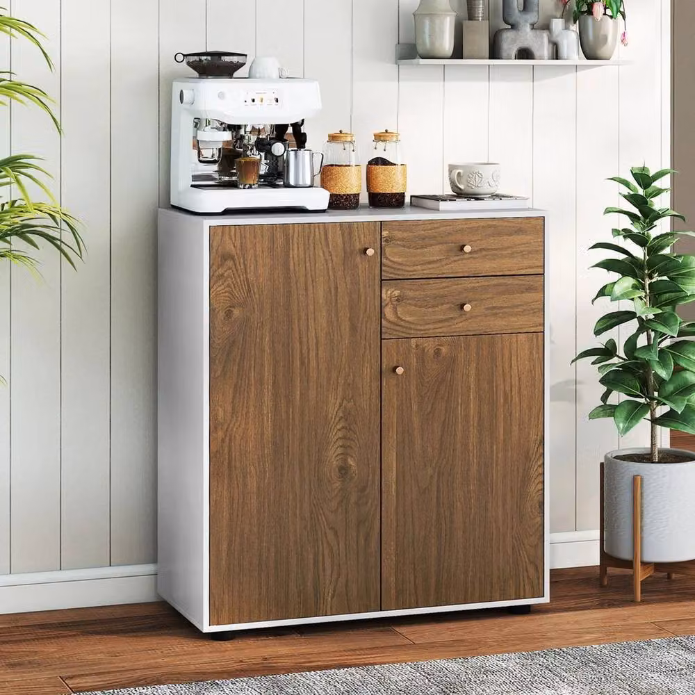 VOGREX Natural Coffee Bar Sideboard Buffet Cabinet with 2 Drawers in Brown – 3