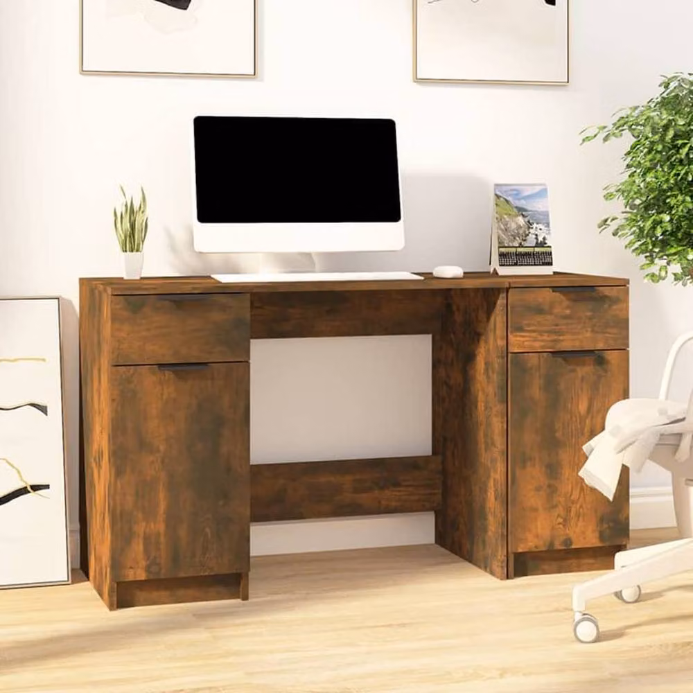 Berkfield Home Modern Writing Desk with Side Cabinet in Smoked Oak Brown – 1