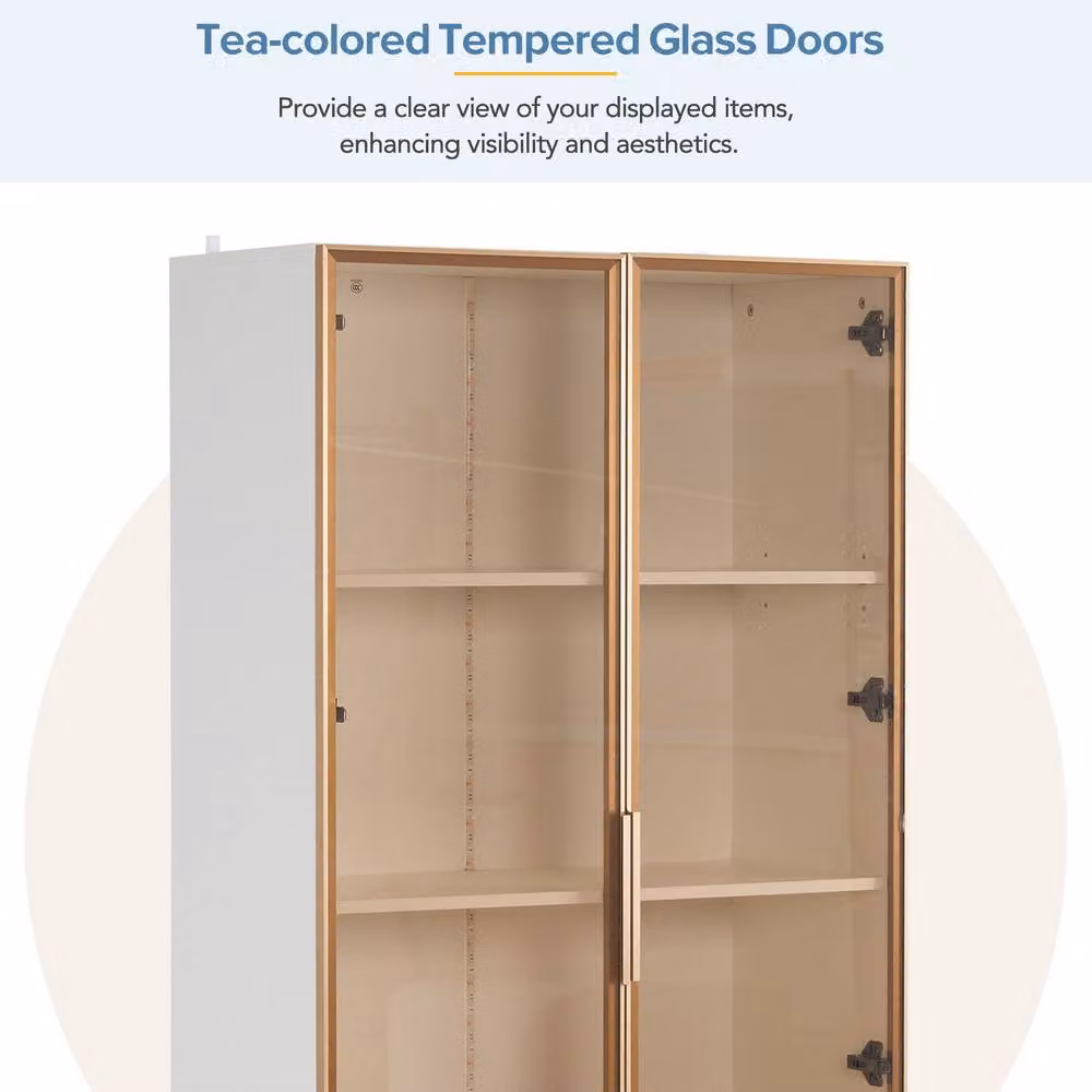 FENCHILIN 4-Tier LED Display Cabinet with Tempered Glass Doors, White, H: 160 cm, W: 80 cm, D: 40 cm – 4