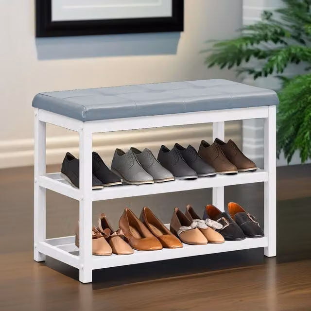 Pirlo Plush Grey 2 Tier Wooden Shoe Rack Bench with Synthetic Leather Seat – 1