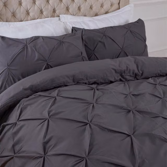 Highams Diamond Pintuck Duvet Set and Pillowcase in Grey, W: 140 cm x L: 200 cm