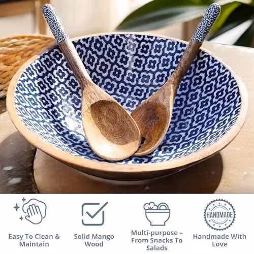 Hartsmede Sambhal Mango Wood Salad Serving Bowl with Spoons, Blue and Brown – 6