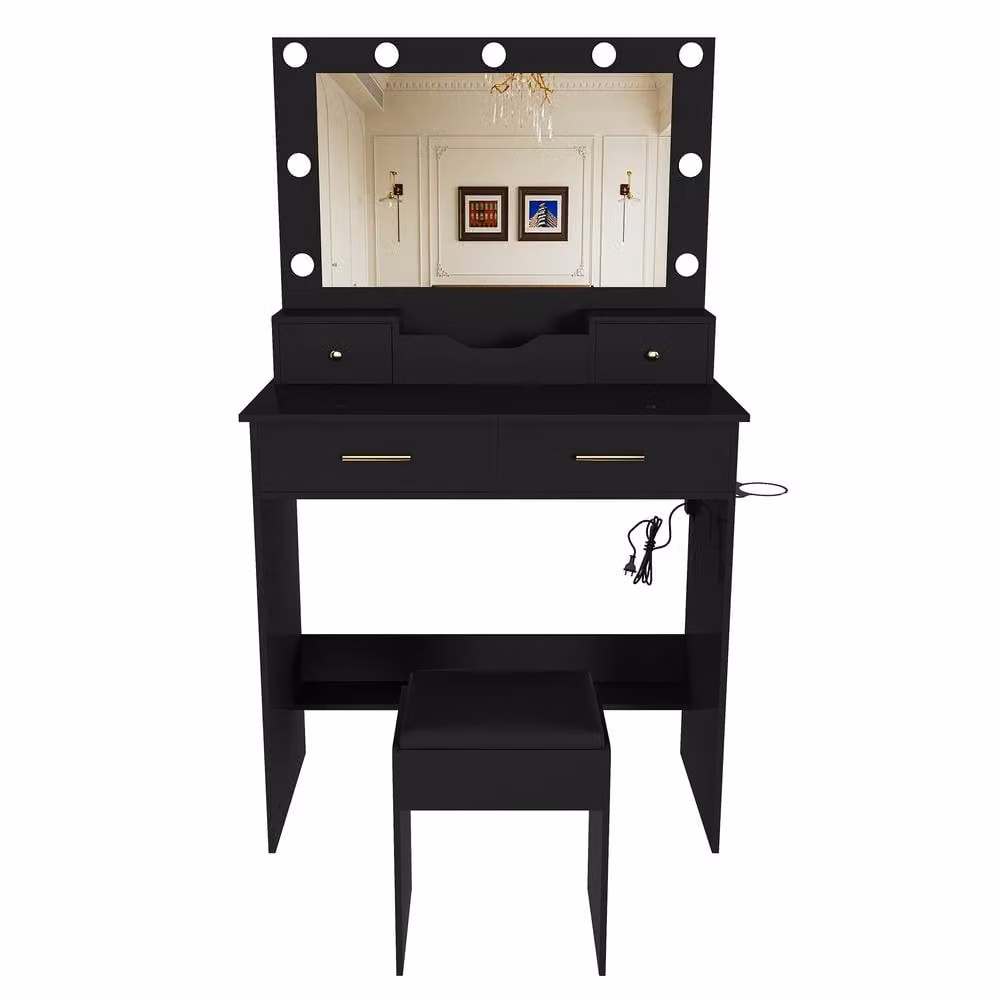 AKI HAUS Black 4-Drawer Dressing Table with Nine-Bulb LED Mirror and Stool, W: 80 cm, H: 136 cm, D: 40 cm – 2