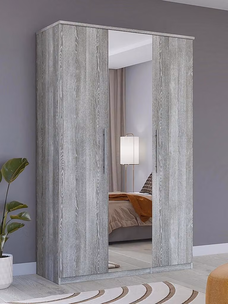 Prague 3 Door Mirrored Wardrobe in Grey with Internal Shelves and Hanging Rod