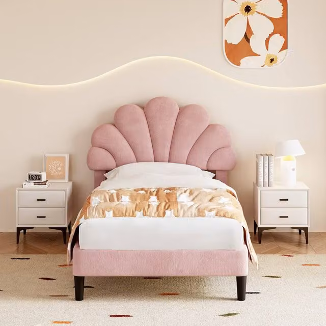 Rolipo Pink Velvet Upholstered Double Bed Frame with Adjustable Floral Petal Headboard – 1