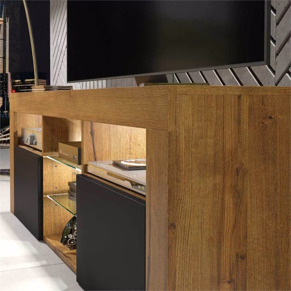 PAWNORA Modern TV Unit with Matt Oak Body and Matt Black Fronts in Brown – 3
