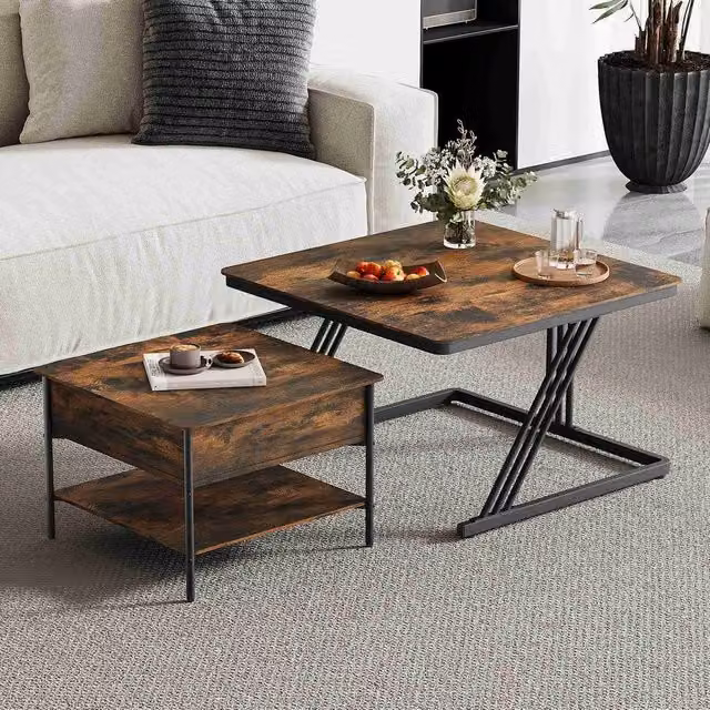Dprodo Set of 2 Round Nesting Coffee Tables in Brown Walnut Finish