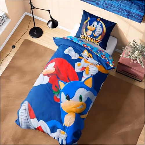 Get Trend Sonic the Hedgehog Single Duvet Cover and Pillowcase Set, Blue and Multicolour, W/D/H: 135 x 200 cm