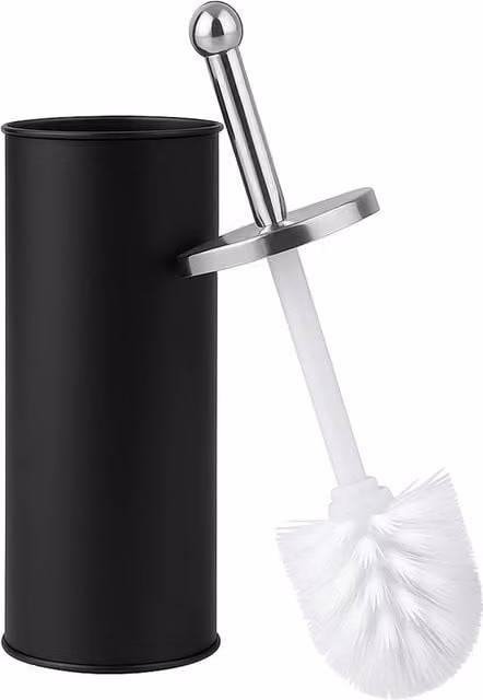 VOGREX Black Stainless Steel Toilet Brush Set with Matt Holder Cup – 1