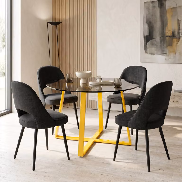 DHS Modern Round Tinted Glass Dining Table Set with 4 Chairs, Diameter: 110 cm, Black