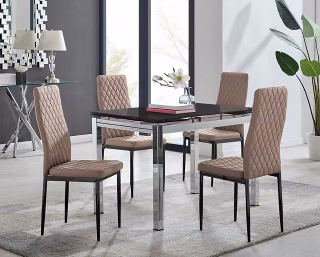 FurnitureboxUK Enna Black Glass Extending Dining Table and 4 Milan Black Leg Chairs in Cappuccino