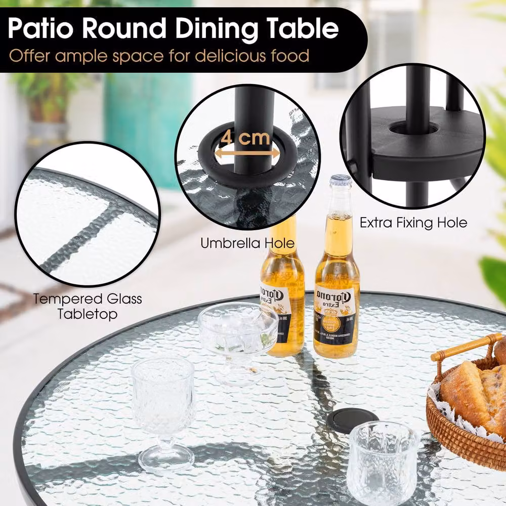Gymax 6 Piece Outdoor Dining Set with Glass and Metal Table for 4 in Black – 6