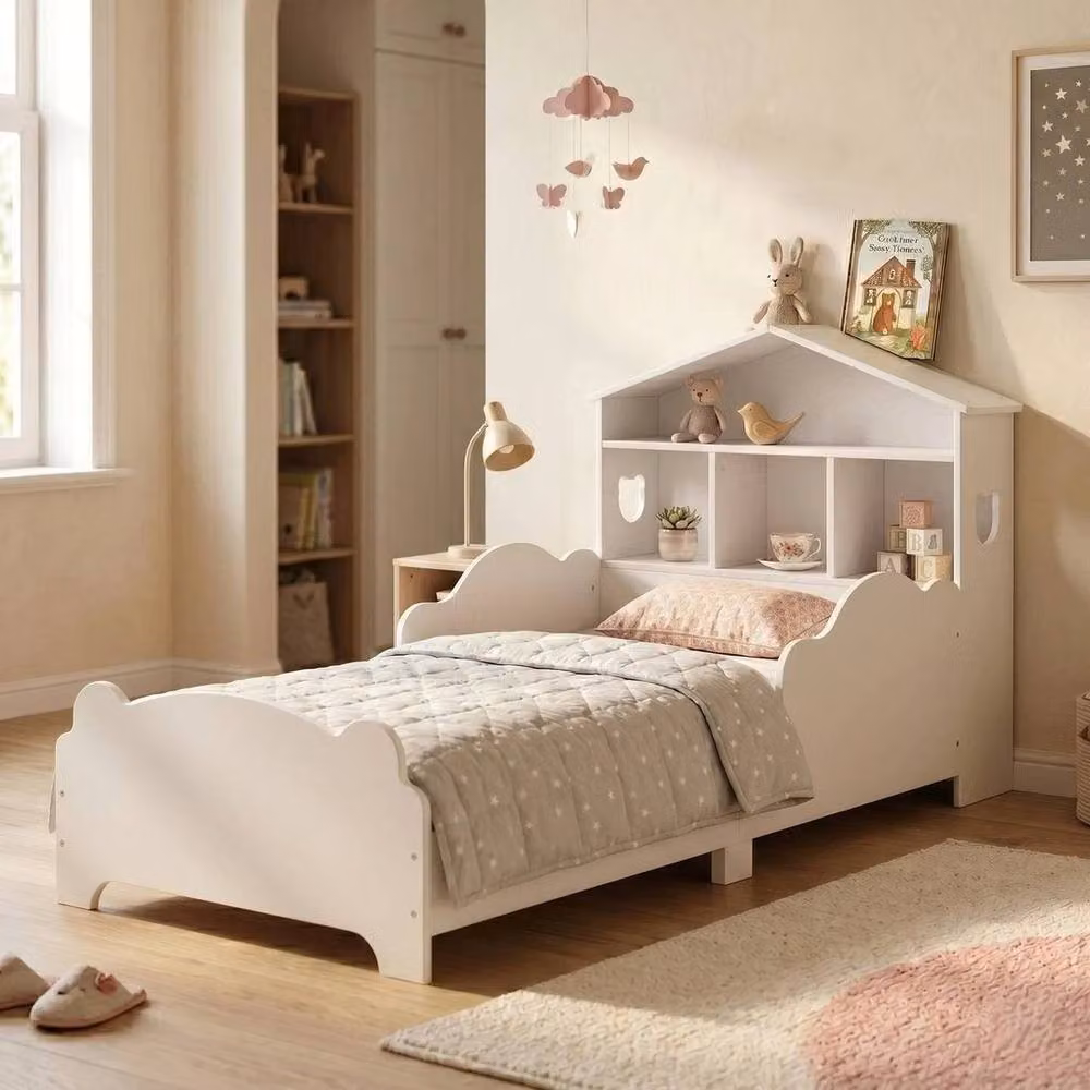 PAWNORA Solid Wood Toddler Bed Frame with House Frame and Side Compartments in White – 3