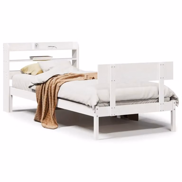 Berkfield Home Small Single Solid Wood Pine Bed Frame in White with Side Compartments and Bedside Shelf